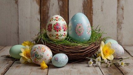 Easter egg and toy car on wooden background, happy easter day concept