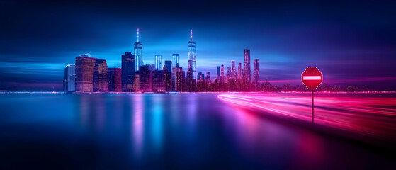 Fototapeta premium A vibrant city skyline illuminated at night, showcasing stunning architecture against a colorful illuminated backdrop.