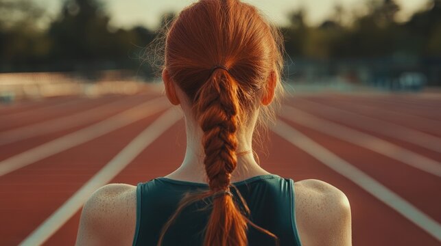 Girl with braided red hair in athletic attire poised at the starting line of a track field during sunset ready for competition