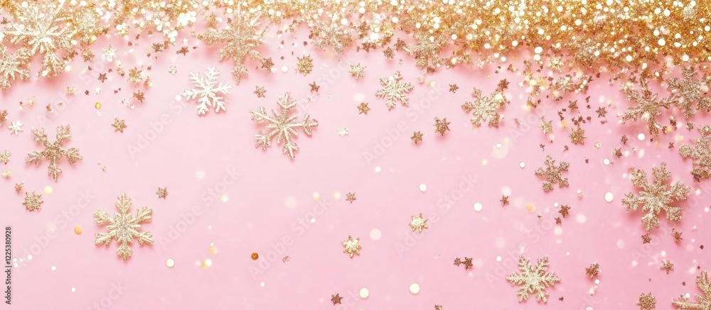 Wall mural pink abstract background featuring golden glitter and snowflakes with open copy space for text and d