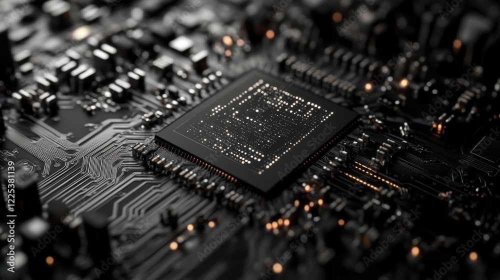 Poster Abstract close-up of a black microchip on a circuit board illuminated by tiny lights representing artificial intelligence and machine learning technologies.
