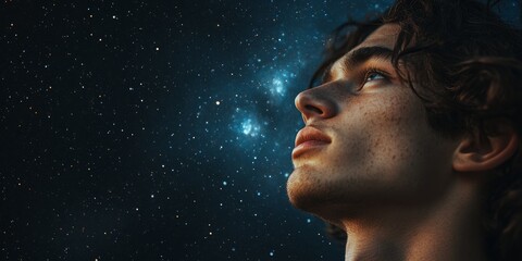 Close-up portrait of a young man looking up at the starry night sky, contemplating the universe and exploring the cosmos