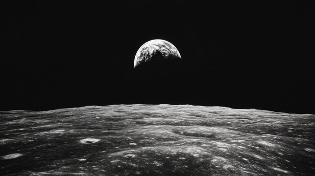 Apollo 8 Spacecraft Image of Lunar Surface with Earthrise Over Moon Crater Detail for Text Placement in Cosmic Dark Background - Powered by Adobe