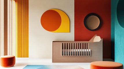 Bright and modern baby nursery featuring a wooden cot, colorful geometric shapes, warm earth tones, and a cozy atmosphere, ideal for infant care.