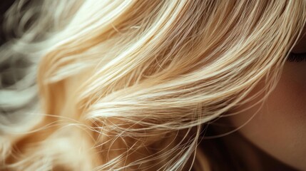 Naklejka premium Close-up of beautiful wavy blonde hair with sun-kissed highlights showcasing soft texture and luminosity against a blurred background.