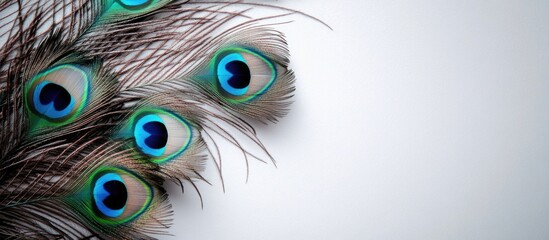Obraz premium Vibrant multicolored peacock feathers with iridescent blue and green eyes on a neutral white background creating ample copyspace for text insertion.