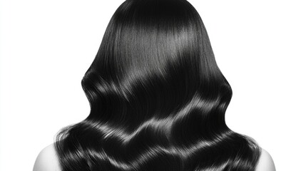 Fototapeta premium Elegant woman showcasing lush, shiny wavy black hair cascading down her back against a clean white background, emphasizing beauty and style.