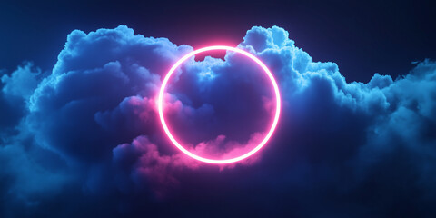 3d render, abstract cloud illuminated with neon light ring on dark night sk