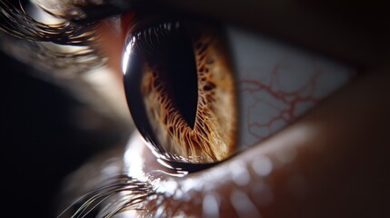 Obraz premium Intimate gaze of a feline, showcasing intricate patterns and colors within the eye, emphasizing the depth of its expressive nature.