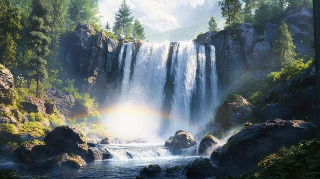 Majestic waterfall cascading over rocky terrain with mist and vibrant rainbow effects, surrounded by a lush serene forest landscape, nature's tranquility.