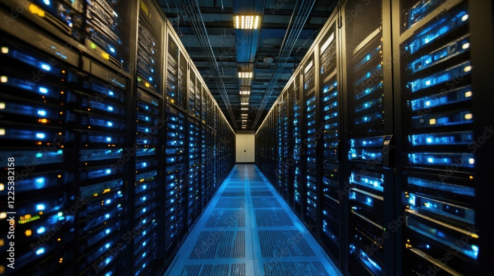 Poster high-tech data center with server racks and blue led lights for cloud computing and network backup s
