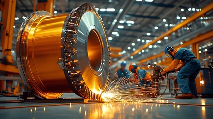 a team of engineers working on a cutting-edge wind turbine prototype in a large industrial hangar, vibrant sparks flying from welding equipment 