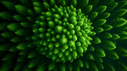 A vibrant green abstract organism resembling lush foliage, showcasing intricate patterns and textures of nature.