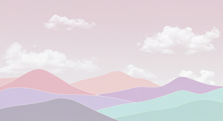 Pastel Mountainscape: Dreamy Pink, Purple, and Mint Hills Under a Cloudy Sky