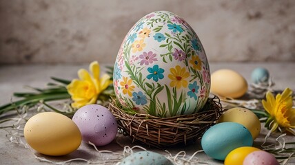 Easter egg and toy car on wooden background, happy easter day concept