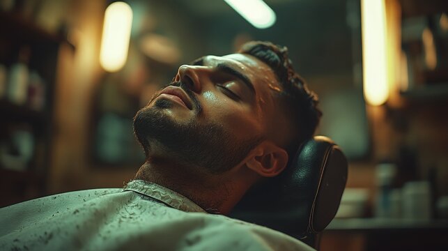 A barber styling a customer's hair, focusing on modern grooming and masculinity in a classic barbershop. Perfect for lifestyle, fashion, and self-care themes.