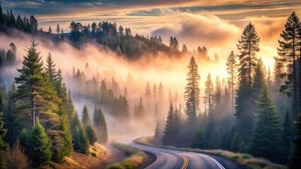 Serene Sunrise Road Winding Through Misty Evergreen Forest
