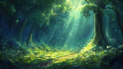 Fototapeta premium Sunlit Forest Path Among Lush Green Trees and Flowers