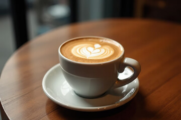 Obraz premium cup of latte with heart shaped latte art on wooden table in cozy cafe