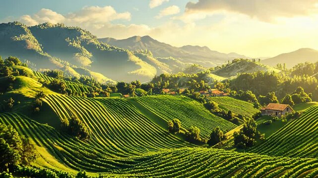 Sunlit Vineyard Landscape: Rolling Hills, Lush Vines, and Golden Hour