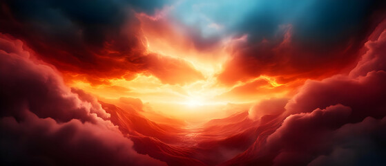 Fototapeta premium A vibrant sunset illuminating clouds across the horizon, creating a breathtaking and serene atmosphere.