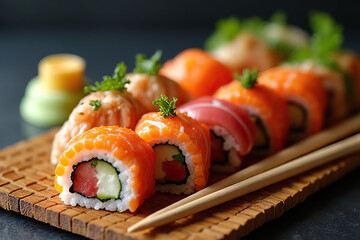 close up of assorted sushi rolls with vibrant toppings, served on wooden mat with chopsticks