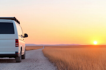 Fototapeta premium A white van is parked on a dirt road in a field