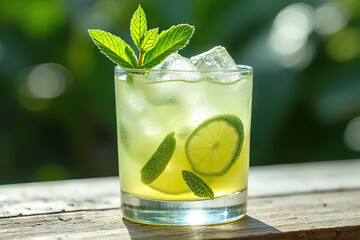 refreshing glass of lime and mint cocktail with ice cubes, served outdoors in natural sunlight