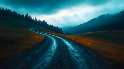 Fototapeta premium A winding rural path through a moody landscape, surrounded by hills and evergreen trees under cloudy skies.