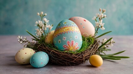 Easter egg and toy car on wooden background, happy easter day concept