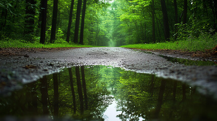 Fototapeta premium 自然公園の木々が水たまりに映り込む雨上がりの静かな情景