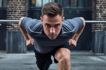 Obraz premium Athletic Man in Grey Shirt Performing a Low Squat