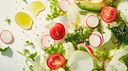 Fresh Healthy Salad Ingredients with Greens, Tomatoes, and Radishes