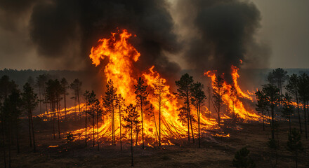 Fiery Wildfire Engulfs Forest, Trees Burning in Intense Blaze