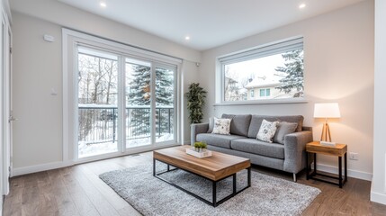 Modern living room with patio doors, snowy view, cozy furniture, for real estate listings