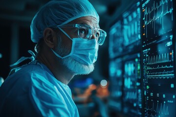 Surgeon in protective gear analyzing vital signs on high-tech medical monitors in an advanced operating room