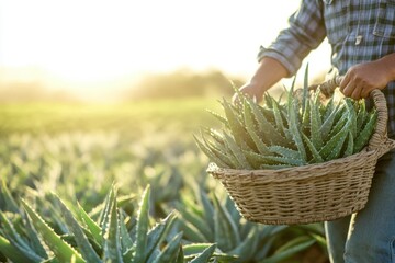 Farmer harvesting fresh aloe vera leaves in a woven basket under warm sunlight in a lush field