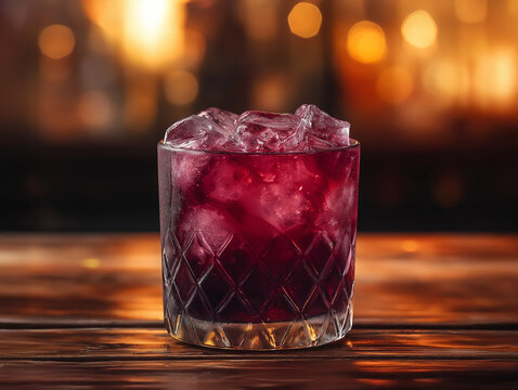 Purple cocktail, on a wooden bar top in a dimly lit cocktail bar, wooden table.