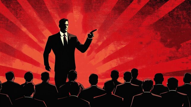 A Man in a Suit Addresses a Crowd Against a Red Background