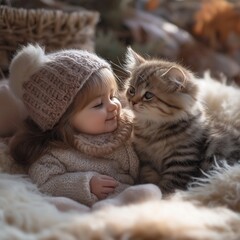 Little girl playing with a kitten.
