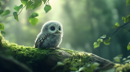 Fototapeta premium Adorable Baby Owl Sitting on a Mossy Log in a Lush Forest