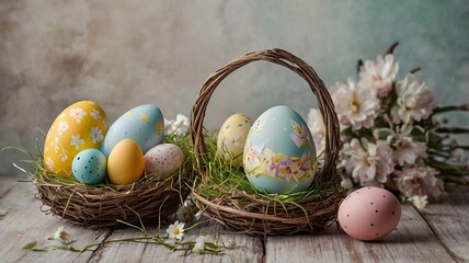 Easter egg and toy car on wooden background, happy easter day concept
