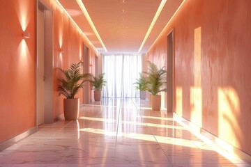 Fototapeta premium Hallway With Plants And Sunlight Warm Light Interior Corridor With Many Doors And Orange Walls