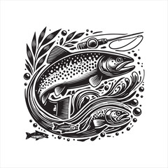 Black Color Trout silhouette design Vector Illustration, Solid White Background (7).eps