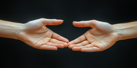 Two Open Hands Reaching Towards Each Other Against a Dark Backgr