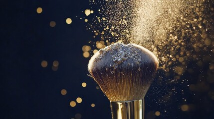 Fototapeta premium A luxurious makeup brush with golden bristles dipped in metallic powder, creating a cascade of shimmering particles in the air, capturing the light beautifully.
