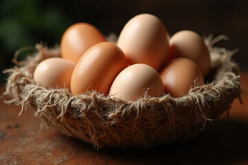 Fresh brown eggs in rustic woven basket on wooden surface, creating natural and organic feel