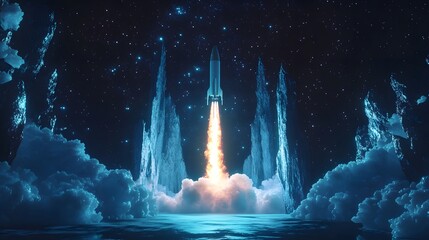 Futuristic Rocket Launching in Celestial Landscape at Night