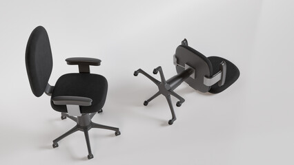Conceptual 3d render of a black office chair knocking over another on a white background. The image captures a moment of instability and disorder, suggesting themes of failure, conflict and change.