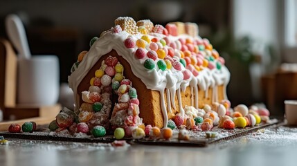 A festive gingerbread house decorated with colorful candies and icing. 